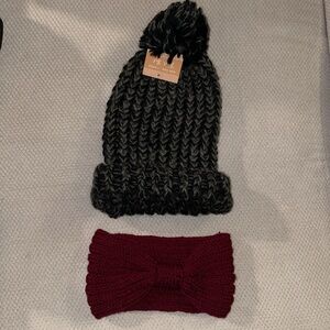NWT Unworn Winter Outerwear Headband and Black Gray Pom Knit Beanie